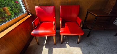 Vintage Red Solid Wood Leather Chairs (2)