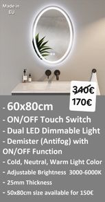 LED Bathroom Mirror Oval Antifog Demister Tricolor Light