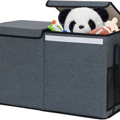 Large Toy Chest Storage Organizer Box with Lid, Collapsible Fabric Box Container Bin for Home, Nursery, Playroom Boys Girls Toys Organizing, Grey