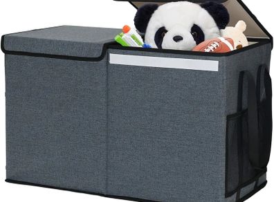 Large Toy Chest Storage Organizer Box with Lid, Collapsible Fabric Box Container Bin for Home, Nursery, Playroom Boys Girls Toys Organizing, Grey