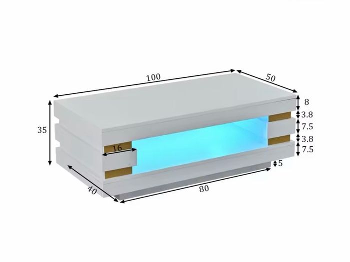 High Gloss Coffee Table with LED Lights White Living Room Table.