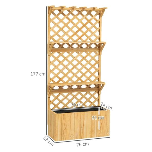 52L Wooden Planter, with Trellis and Shelves Natural Finish