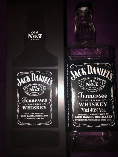 Jack Daniels whiskey empty bottle and box
