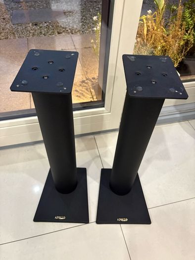 Attractive classic ballast fillable Apollo A24 steel speaker stands. In excellent rust-free condition. Featuring striking thick cylindrical column with a black textured finish. Rare in this condition.