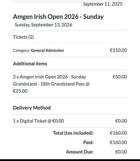 2 Irish Open Sunday tickets and grandstand passes 13.9.26