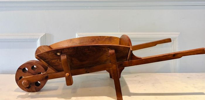 Signed 1987 Handcrafted Irish Yew Wood Miniature Wheelbarrow