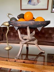 Unique Vintage Wooden African Tribal Art Decor Hand made bowl on Tripod folding Stand