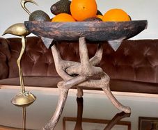 Unique Vintage Wooden African Tribal Art Decor Hand made bowl on Tripod folding Stand