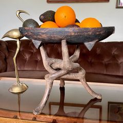 Unique Vintage Wooden African Tribal Art Decor Hand made bowl on Tripod folding Stand
