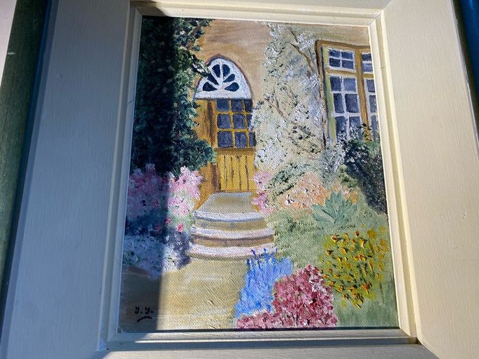 Original Cottage Garden Oil Painting Signed Monogram Y.Y. - Framed