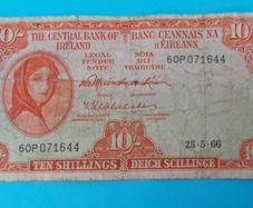 Irish 1966 Lavery ten shilling banknote in used condition