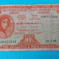 Irish 1966 Lavery ten shilling banknote in used condition