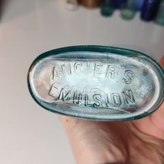 155 - Antique Anciers Petroleum Emulsion Sea Glass Decorative Collectible Cork Top Bottle