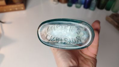 155 - Antique Anciers Petroleum Emulsion Sea Glass Decorative Collectible Cork Top Bottle