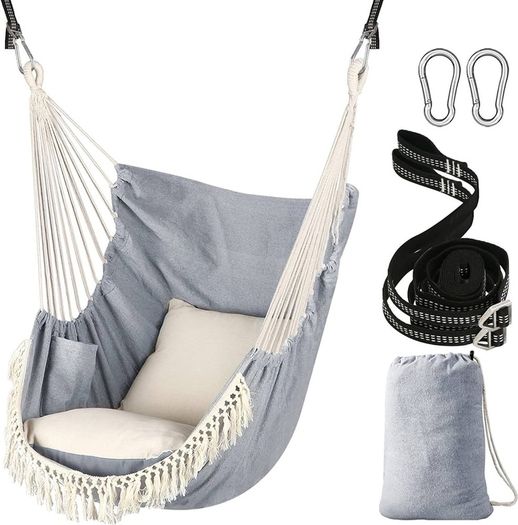 NEW SALE | Hammock Chair Hanging Swing 2 Seat Cushions Included,Strong Webbing Straps and Hooks for Easy Hanging Soft Cotton Weave Hanging Chair Side Pocket Large Tassel Chair Set Comfort Indoor Outdoor