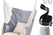 NEW SALE | Hammock Chair Hanging Swing 2 Seat Cushions Included,Strong Webbing Straps and Hooks for Easy Hanging Soft Cotton Weave Hanging Chair Side Pocket Large Tassel Chair Set Comfort Indoor Outdoor