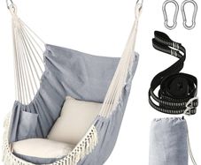 NEW SALE | Hammock Chair Hanging Swing 2 Seat Cushions Included,Strong Webbing Straps and Hooks for Easy Hanging Soft Cotton Weave Hanging Chair Side Pocket Large Tassel Chair Set Comfort Indoor Outdoor