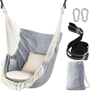 NEW SALE | Hammock Chair Hanging Swing 2 Seat Cushions Included,Strong Webbing Straps and Hooks for Easy Hanging Soft Cotton Weave Hanging Chair Side Pocket Large Tassel Chair Set Comfort Indoor Outdoor