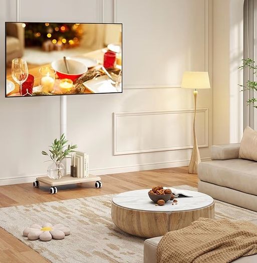 TV Stand on Wheels for 27-60 Inch TVs, Mobile TV Stand Cart Trolley Height Adjustable Swivel with Wood Base Max VESA 400x400mm Holds 40kg (Beige Without Shelf