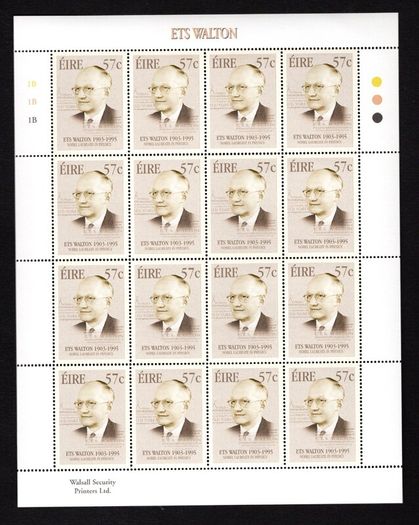 2003 Ireland Birth Centenaries of 50c Frank O'Connor & 57c ETS Walton Commemorative Stamps Sheetlet Plate 1B1B1B Mint Never Hinged (MNH)