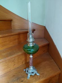 Antique French green glass large oil lamp works