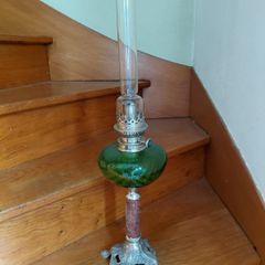 Antique French green glass large oil lamp works