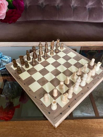 Vintage Style Marquetry Inlaid Folding Wooden Chess Checkers Draughts Pop Board Chess Pieces & Counters