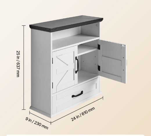 White Bathroom Wall Cabinet with 2 Doors, Adjustable Shelf, Drawer & Open Storage Compartment, Over-Toilet Hanging Organizer