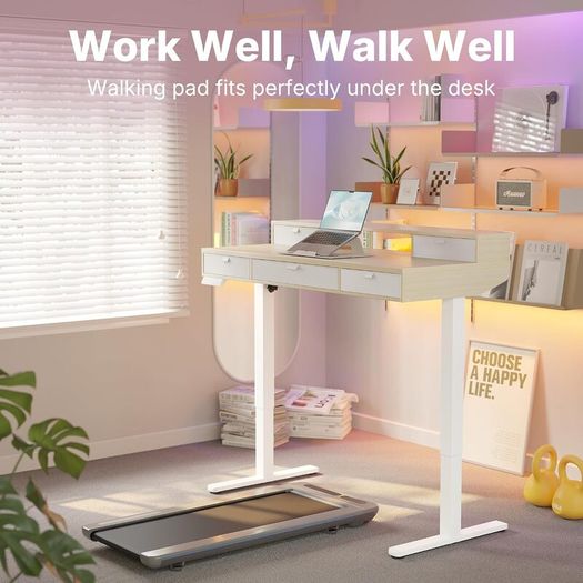 Standing Desk with Fabric Drawers, 100x60cm, Natural
