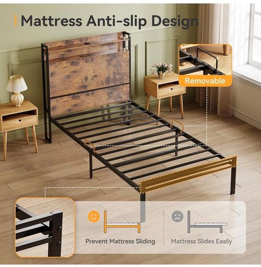 3ft Single Bed Frame with Storage Wooden Headboard, 90x190cm LED Light & Charging Station, Platform Metal Bed Frame Single, with Underbed Storage, Strong Metal Slat Support
