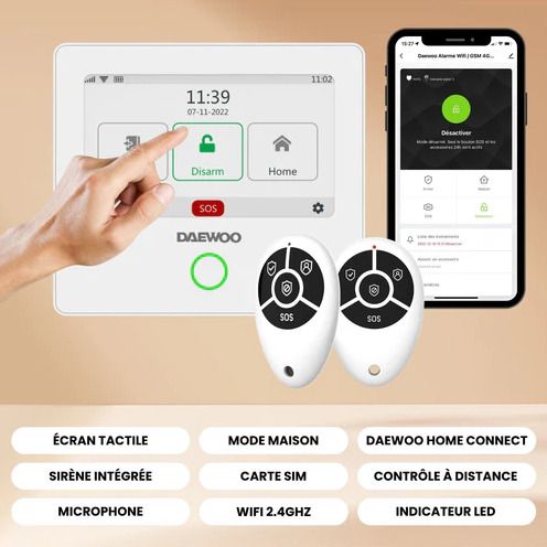 Daewoo AM301 Alarm System with Touch Screen, Motion Sensor for Animals, Door Contacts and Remote Controls, Remote Control in All Safety