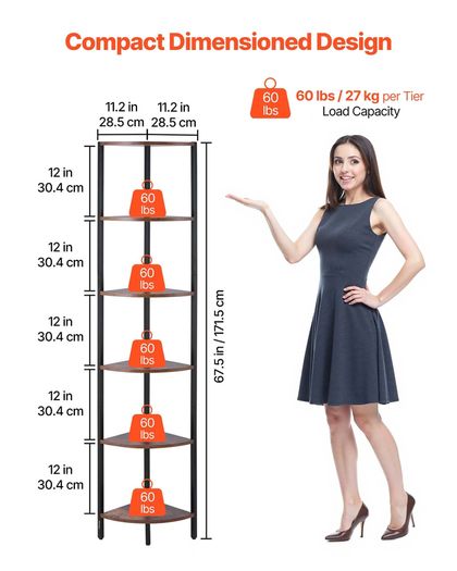 6 Tier Corner Shelf with LED Light Metal Frame Wooden Shelves Storage Organizer Rack