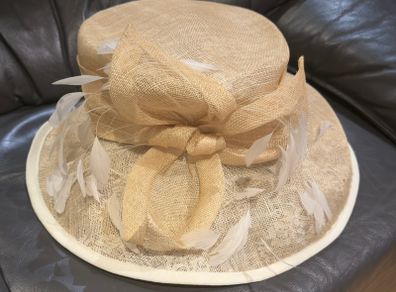 Windsmoor Yellow Wide Brim Natural Fibre & Feathers Statement Occasion Hat