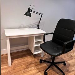 Desk, chair and lamp