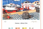 1986 Alderney Limited Edition Lithographed Print measuring 333mm X 257mm showing Alderney Forts Commemorative stamps with First Day of Issue Cancel