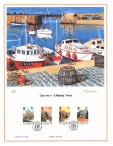 1986 Alderney Limited Edition Lithographed Print measuring 333mm X 257mm showing Alderney Forts Commemorative stamps with First Day of Issue Cancel