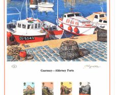 1986 Alderney Limited Edition Lithographed Print measuring 333mm X 257mm showing Alderney Forts Commemorative stamps with First Day of Issue Cancel