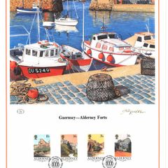 1986 Alderney Limited Edition Lithographed Print measuring 333mm X 257mm showing Alderney Forts Commemorative stamps with First Day of Issue Cancel