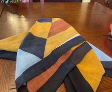 SAMOON scarf / shawl in mustard , blue , black and white .