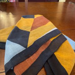 SAMOON scarf / shawl in mustard , blue , black and white .