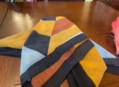 SAMOON scarf / shawl in mustard , blue , black and white .