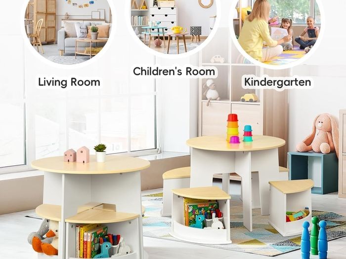 Toddler Table and Chair Set, Wooden Round Table with 4 Storage Stools, Kids Tables and Chairs for Arts, Crafts, Read and Play