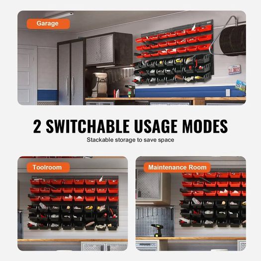 Wall-Mounted Storage Bins Organiser, 48-Bin Parts Rack for Screws, Nuts, Bolts, Nails & Small Tools, Black and Red
