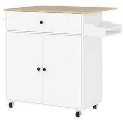 Rolling Kitchen Island with Drop Leaf, Kitchen Storage Cart with Drawer, Spice Rack and Towel Rack, White