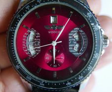 Winner Automatic Watch Skeleton Back Silvertone Red Dial Date Black Band Works