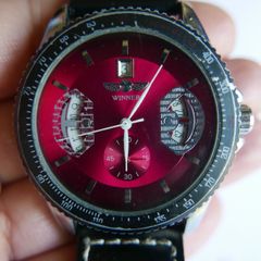 Winner Automatic Watch Skeleton Back Silvertone Red Dial Date Black Band Works