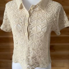 womens top blouse short sleeve crocheted Mango ecru size S brand new