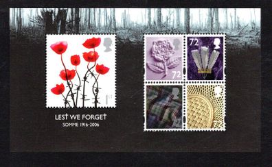 2006 Great Britain "Lest We forget" 90th Anniversary of Battle of the Somme Commemorative Stamps Miniature Sheet Mint Never Hinged (MNH)