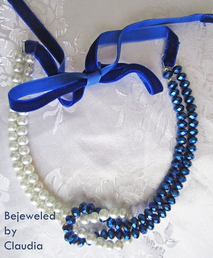 Handmade Statement White and Navy Blue Mix Necklace with Velvet Cord, in a Gift Box