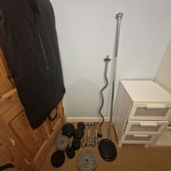weights ,dumbells , barbell. curl bar and weight bench